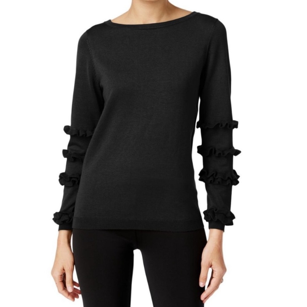 NY COLLECTION TIER RUFFLE SLEEV LONG SLEEVE SWEATER BLACK